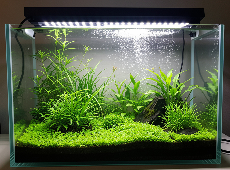 A planted nano aquarium lit by an adjustable LED bar showing healthy green carpet and stem plants