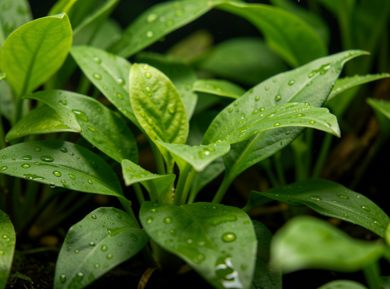 Close-up of Anubias and Bucephalandra epiphytes thriving under low-intensity nano aquarium lighting