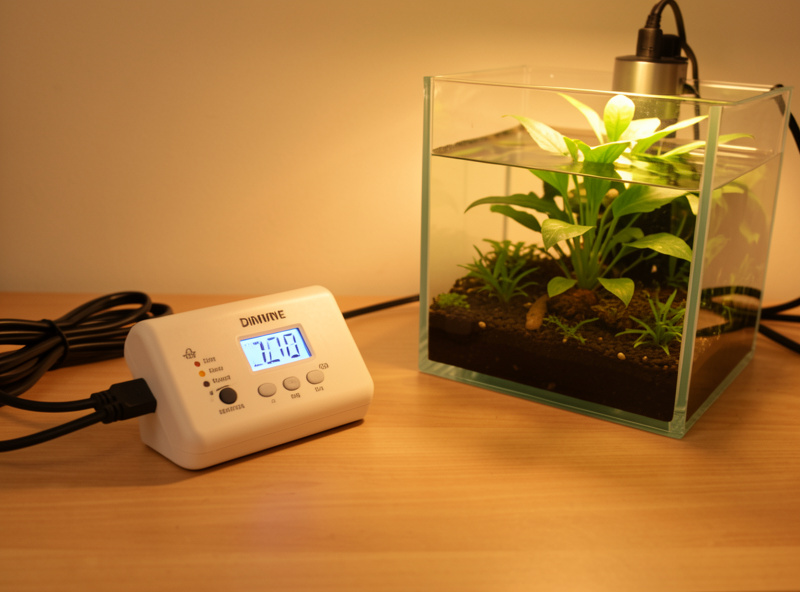 An aquarium LED timer and dimmer controller set up beside a small planted nano tank