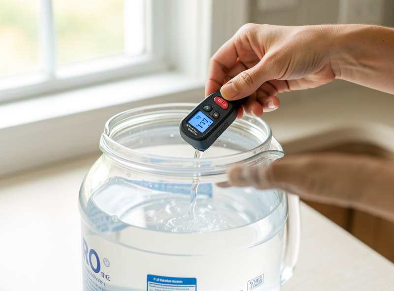 Remineralizer being stirred into RO water with a digital TDS pen confirming the target reading