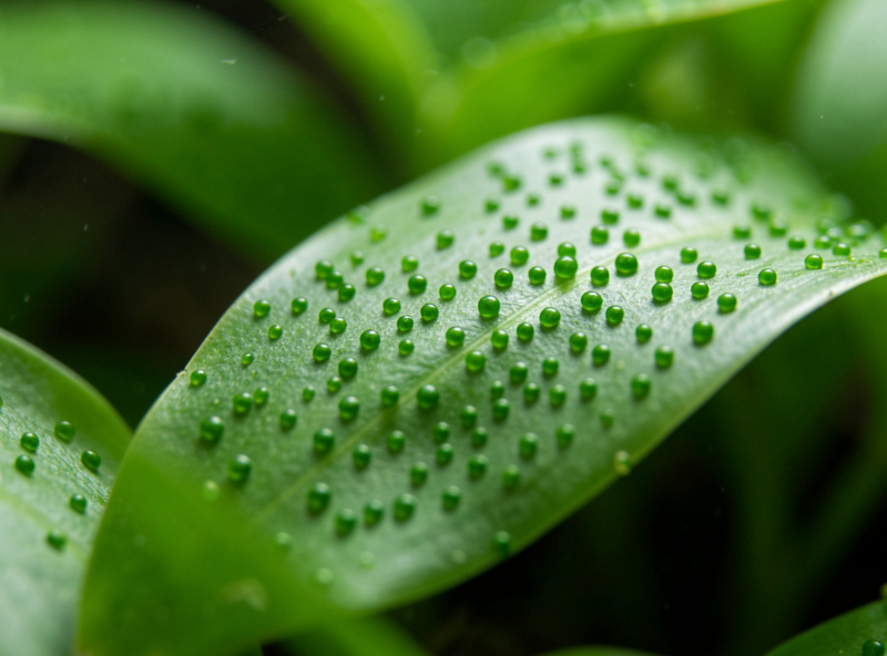 Macro close-up of green spot algae as hard green dots on aquarium glass and an Anubias leaf in a planted nano tank