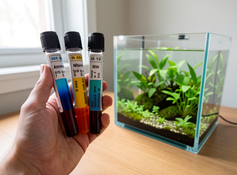 Hand holding three liquid test kit vials showing ammonia, nitrite and nitrate colors next to a planted nano aquarium