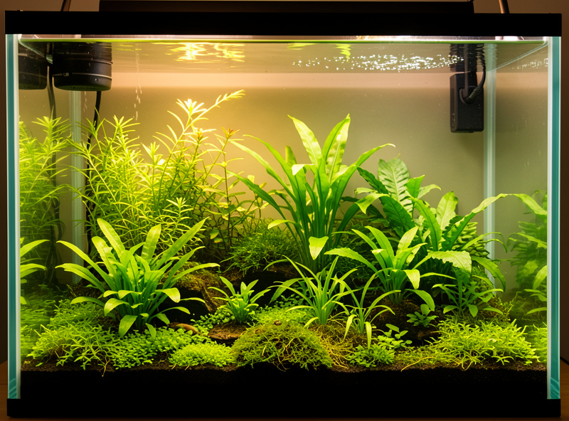 Lush healthy planted nano aquarium with clear water, vibrant plants, gentle flow and spotless glass