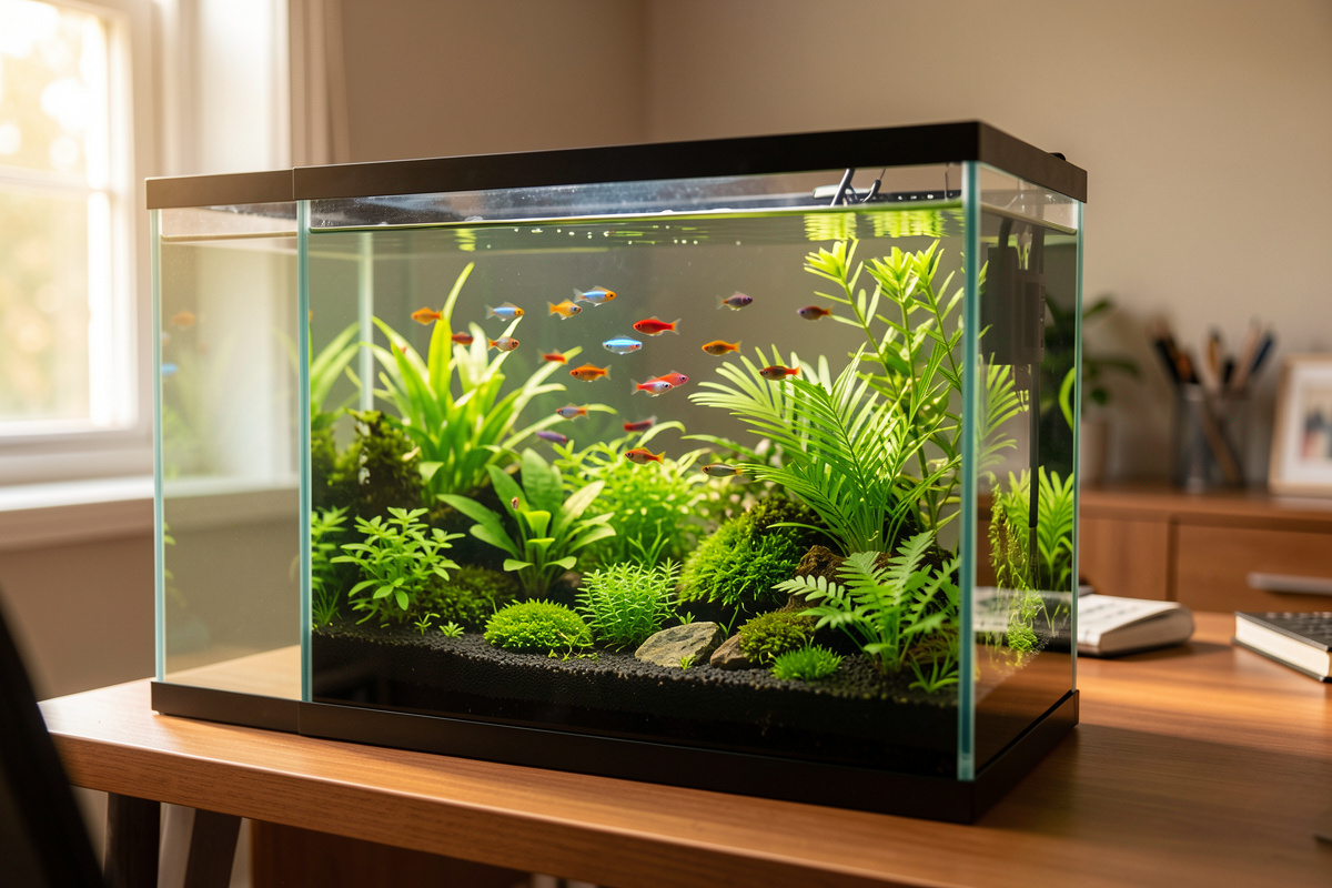 Planted nano aquarium with schooling nano fish and aquatic plants