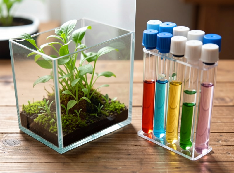 A planted nano aquarium with a small group of nano fish and a liquid test kit beside it