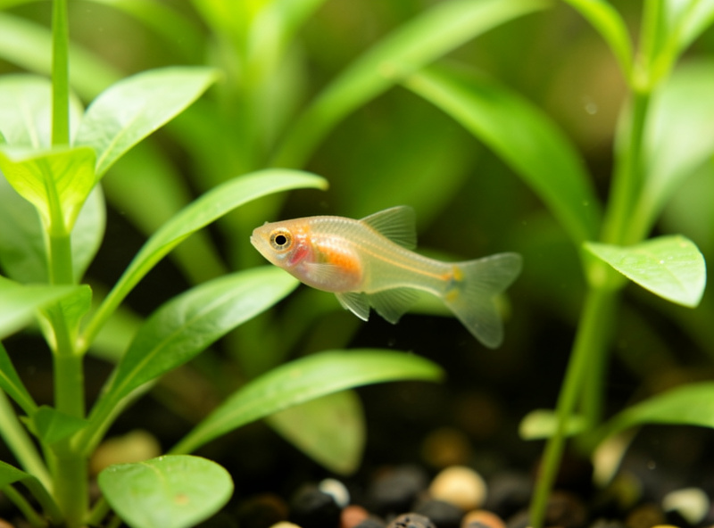 Close-up of nano fish swimming calmly mid-water in a heavily planted aquarium
