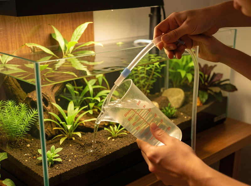 A keeper performing a small water change on a nano aquarium with a measuring container