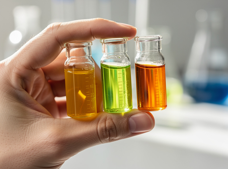 Liquid aquarium test kit vials showing ammonia, nitrite and nitrate color stages during a fishless cycle