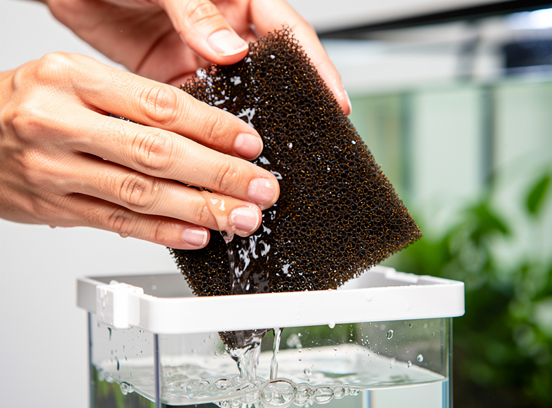 Seasoned filter sponge being squeezed into a new nano aquarium filter to seed nitrifying bacteria