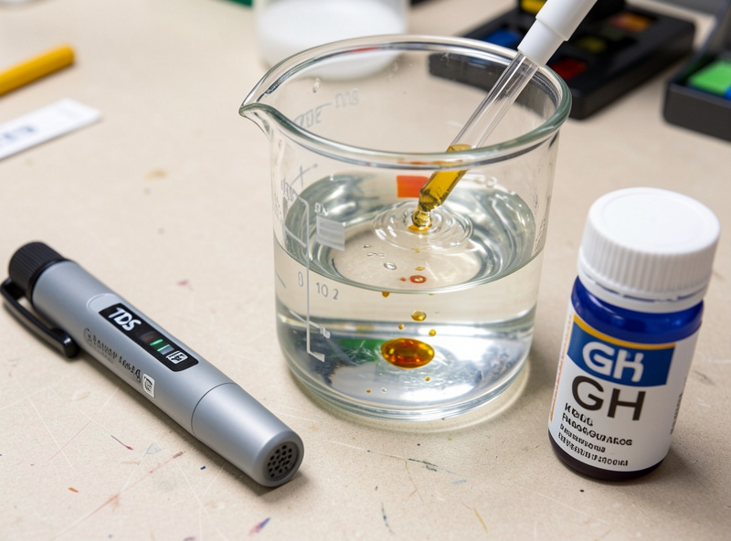 TDS pen and GH KH liquid test kit beside a beaker of aquarium water mid-test