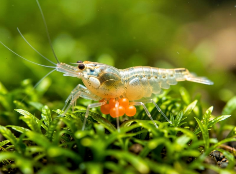 Berried female cherry shrimp carrying orange eggs under her tail on green moss