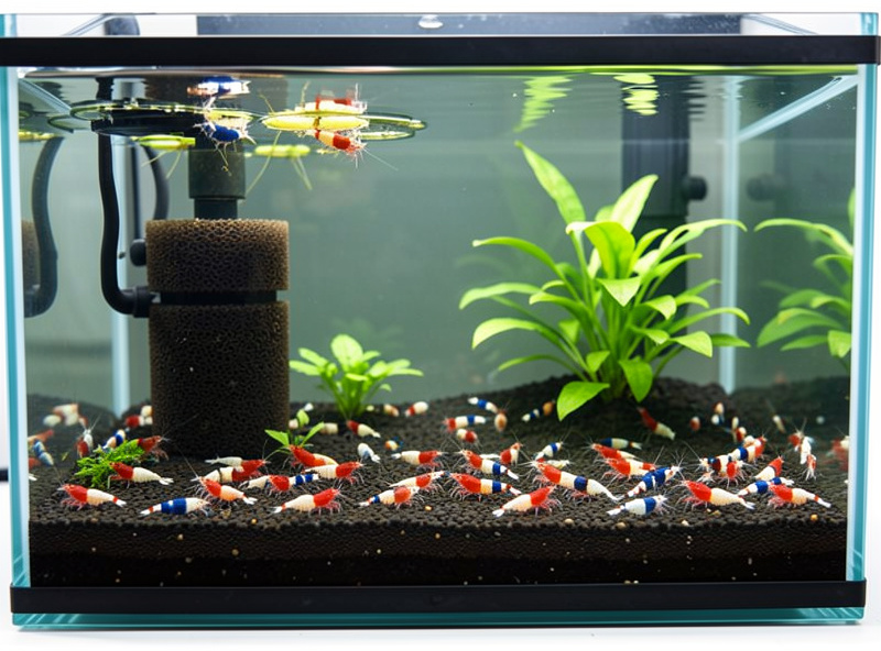 Dedicated shrimp aquarium with sponge filter, dark substrate and dozens of red and blue Neocaridina shrimp