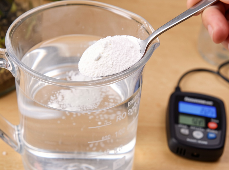 Spoon of white shrimp mineral powder being stirred into a jug of RO water with a TDS pen nearby