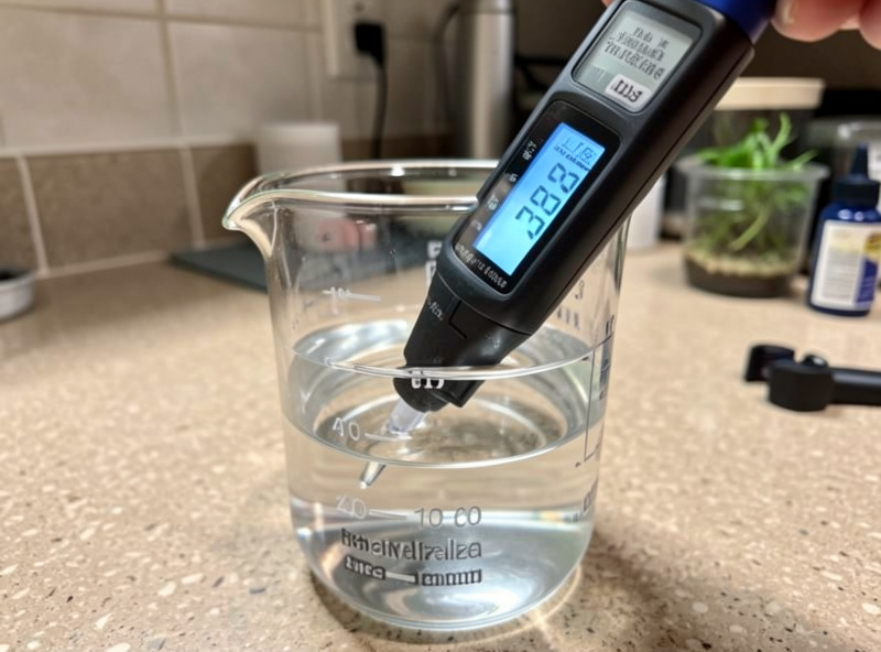 TDS pen displaying a digital reading dipped into a beaker of remineralized aquarium water