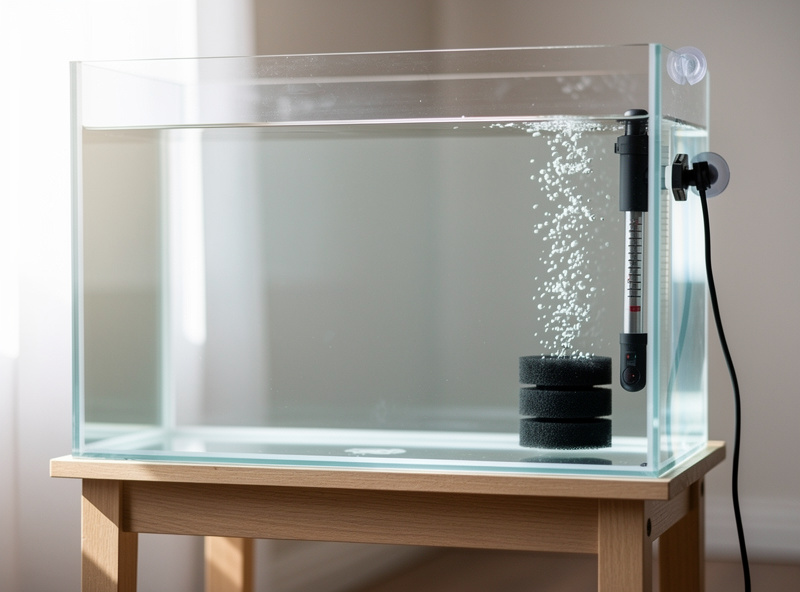 A freshly set up nano aquarium with filter and heater running, clear water, ready to begin a fishless cycle