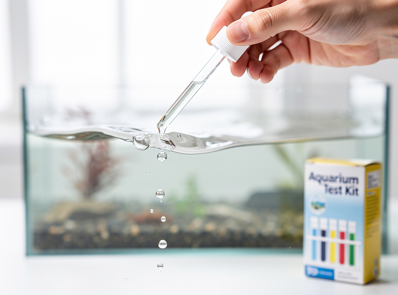 Hand adding measured drops of pure ammonia into a cycling nano aquarium with a test kit nearby