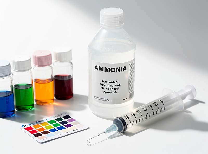 A bottle of pure unscented ammonia beside a graduated dosing syringe and an aquarium test kit on a clean bench