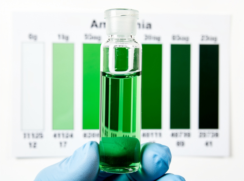 A test kit ammonia vial showing a moderate green reading held against a comparison chart