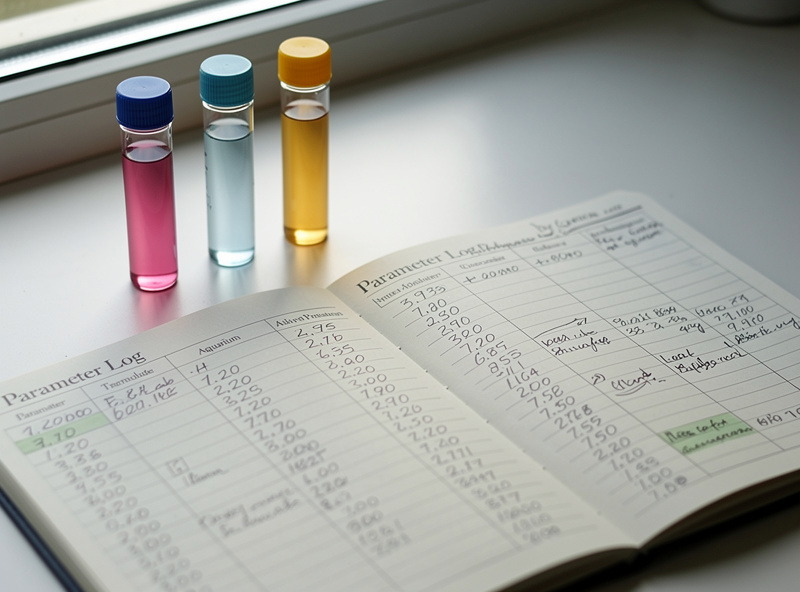 A parameter logbook beside aquarium test vials showing a stalled cycle with flat readings