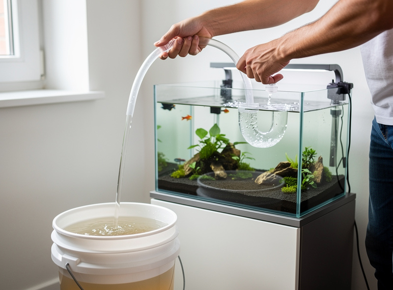 Performing a water change on a nano aquarium to dilute an ammonia overdose during cycling