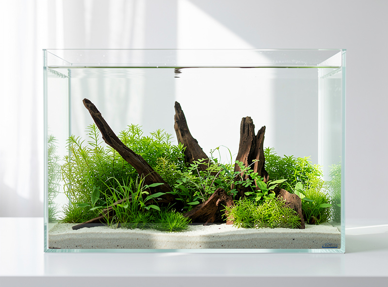 A nano aquarium with clear water and healthy plants while the invisible cycle progresses through the nitrite phase