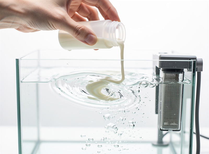 A bottle of aquarium nitrifying bacteria being poured into a nano tank filter during cycling