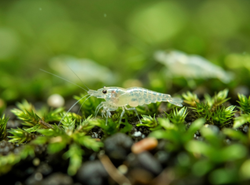 Tiny translucent baby cherry shrimp shrimplets grazing on a moss-covered surface