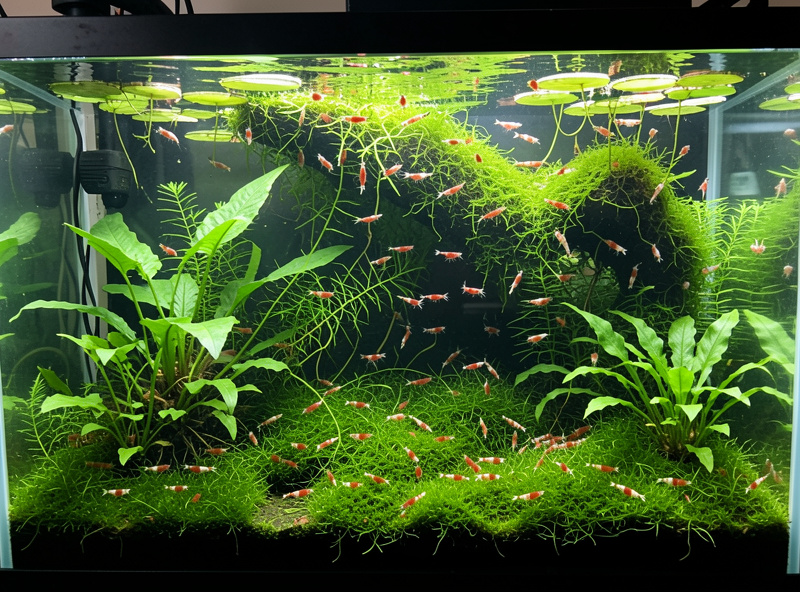 Dense planted shrimp tank overgrown with Java moss and floating plants providing cover