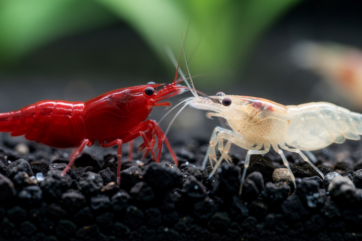 Deeply colored Painted Fire Red cherry shrimp selected as breeding stock in a planted nano tank