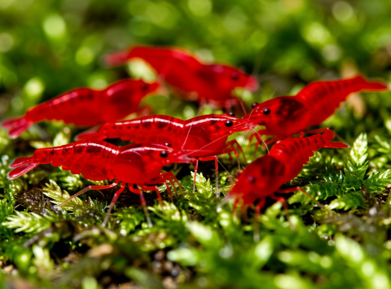 Several deeply pigmented painted fire red cherry shrimp grazing on green moss