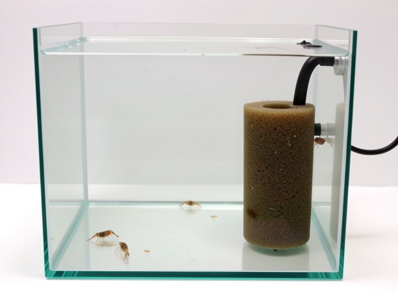 A separate bare grow-out aquarium with a sponge filter for selected shrimp