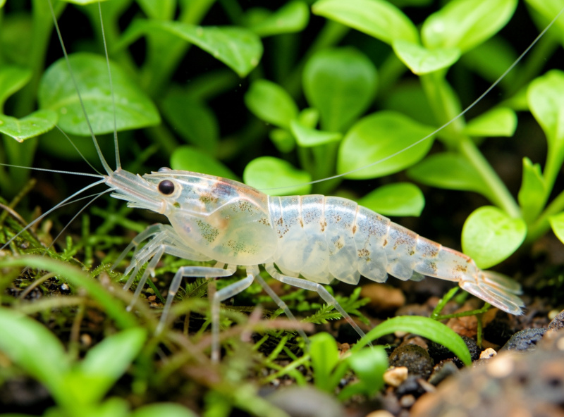 A pale clear wild-type looking cherry shrimp with weak patchy coloration among plants