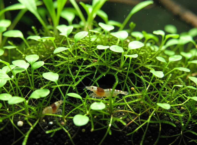 Dense Java moss and floating plant cover in a nano aquarium with baby shrimp tucked in the foliage
