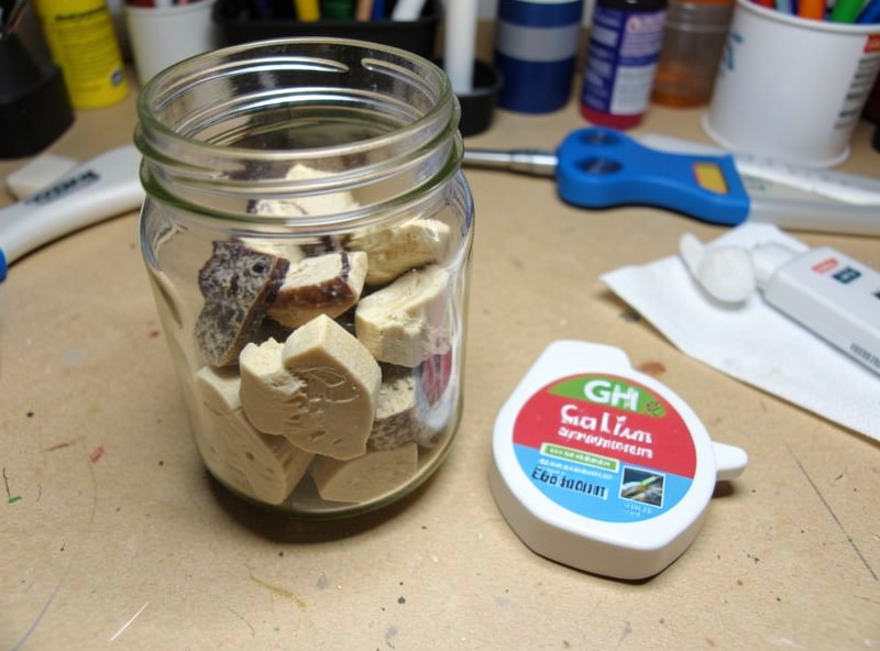 Cuttlebone and shrimp mineral supplement beside a GH test kit on a workbench