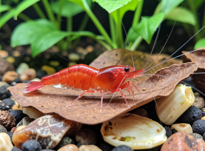 Healthy red cherry shrimp grazing on Indian almond leaf and blanched vegetable in a planted tank