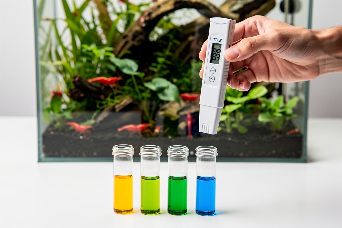 Liquid GH and KH drop tests beside a cherry shrimp aquarium for water parameter checks