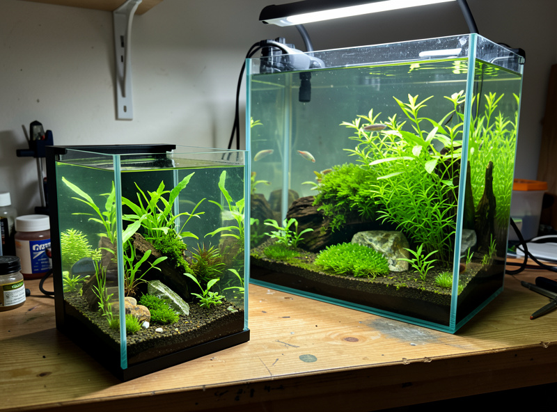Two aquariums of very different sizes side by side on a workbench, a small planted nano next to a much larger tank, illustrating volume difference