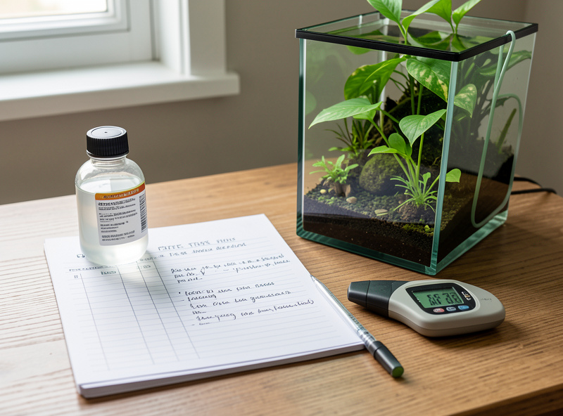 A liquid test kit, a TDS pen and a handwritten parameter log on a desk beside a small planted aquarium