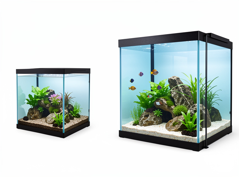 A small nano aquarium and a large aquarium side by side with a thought-bubble style size comparison, illustrating the ten-to-one volume ratio