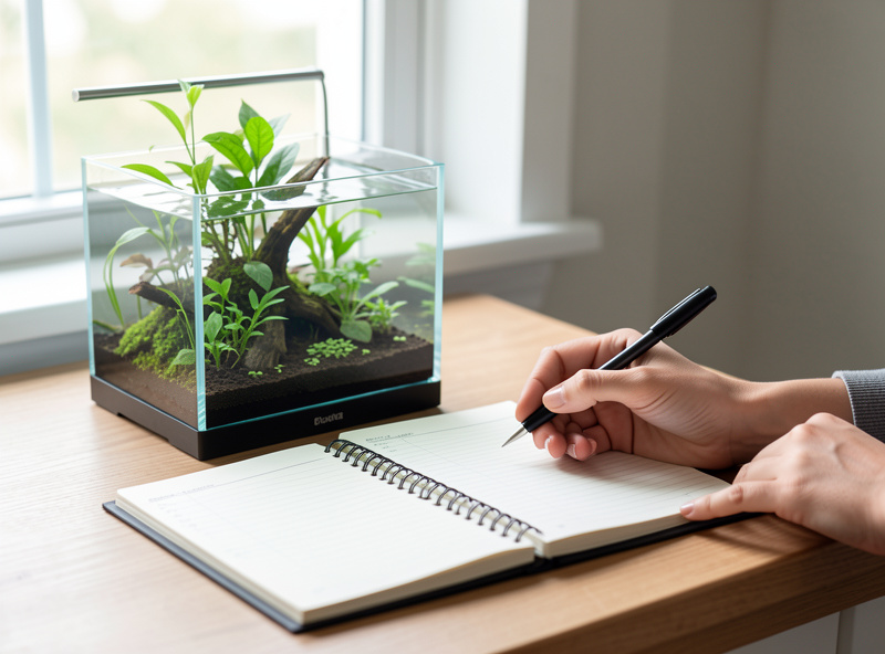 A keeper writing in a parameter logbook beside a small planted nano aquarium, calm and methodical