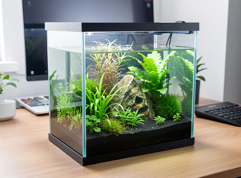 A clean, healthy nano aquarium with thriving plants and clear water on a desk, the result of consistent routine