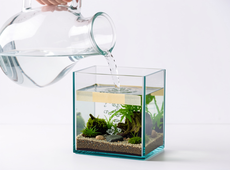 A jug of dechlorinated top-off water being poured slowly into a small nano aquarium with a marked fill line on the glass