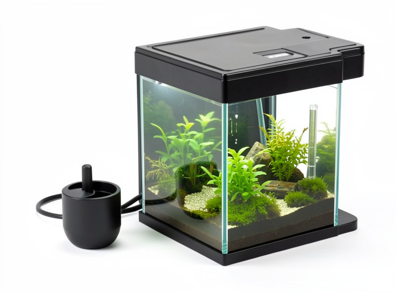 A small auto top-off reservoir and sensor set up beside a nano aquarium, neat and tidy