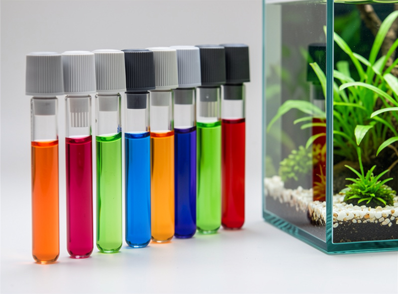A row of liquid test kit vials showing different parameter colours beside a small nano aquarium