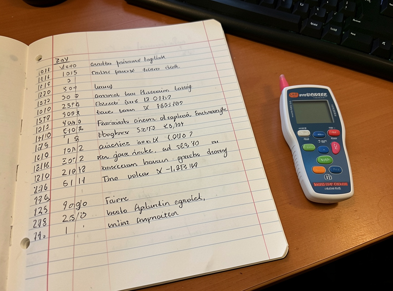 A handwritten parameter log notebook with dated rows of aquarium readings beside a test kit