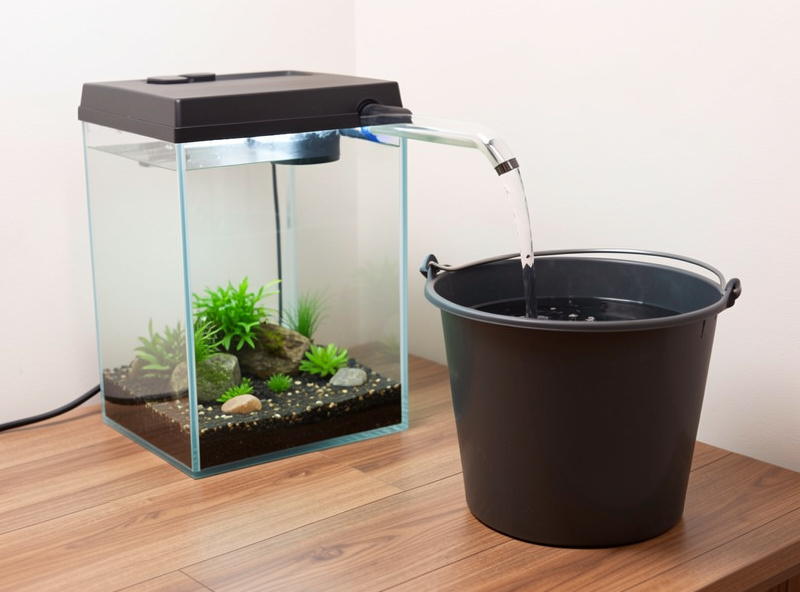 A small siphon removing water from a nano aquarium into a bucket, careful controlled water change in progress