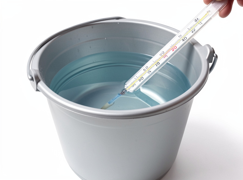 A bucket of prepared replacement water with a thermometer being checked before adding to a nano aquarium