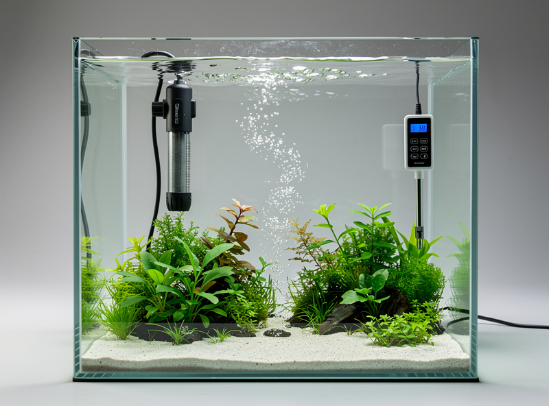 A compact nano aquarium heater installed in a small planted tank, with a separate digital thermometer probe nearby