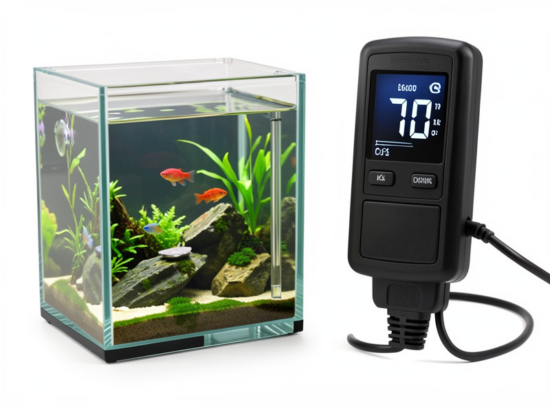 A digital thermometer reading beside a nano aquarium with an external temperature controller plug visible