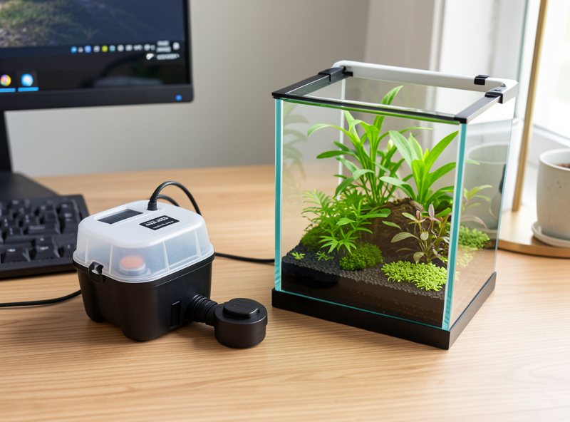 A compact auto top-off system with a reservoir and float sensor set up beside a small planted nano aquarium